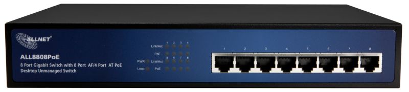 ALLNET Switch unmanaged 8 Port Gigabit 150W / 8x PoE+ / 4x LAN / Lüfterlos / 19" / "ALL8808POE"