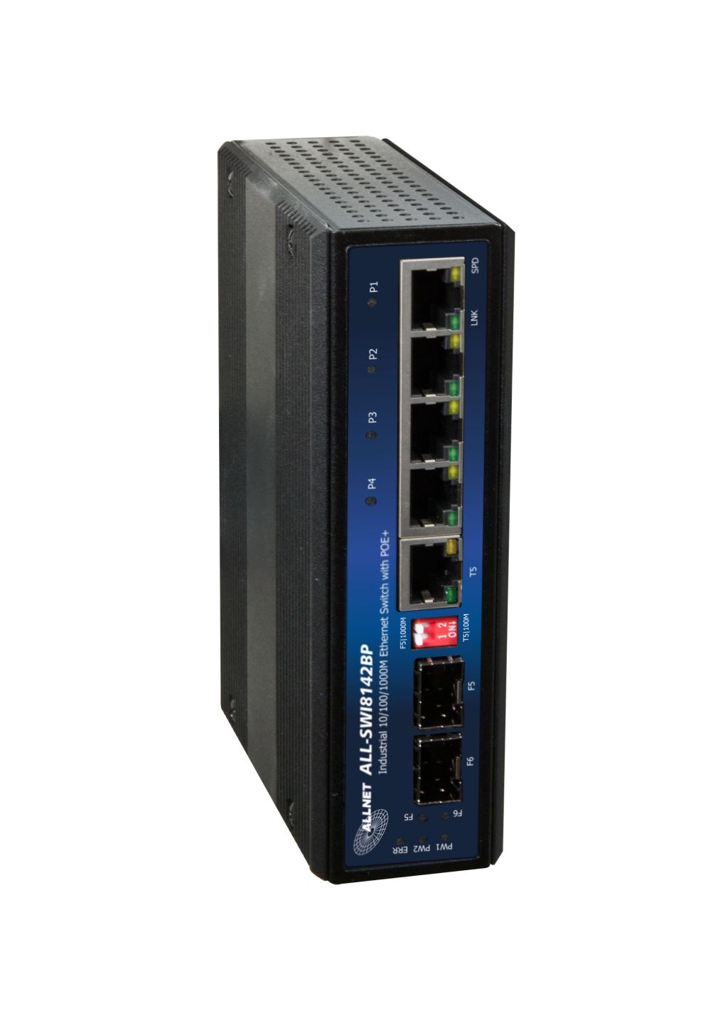 ALLNET Switch unmanaged industrial 4 Port Gigabit 126W / 4x PoE+ / 1x LAN / 1x SFP oder 1x SFP / DIN / Power Booster / "ALL-SWI8142BP"