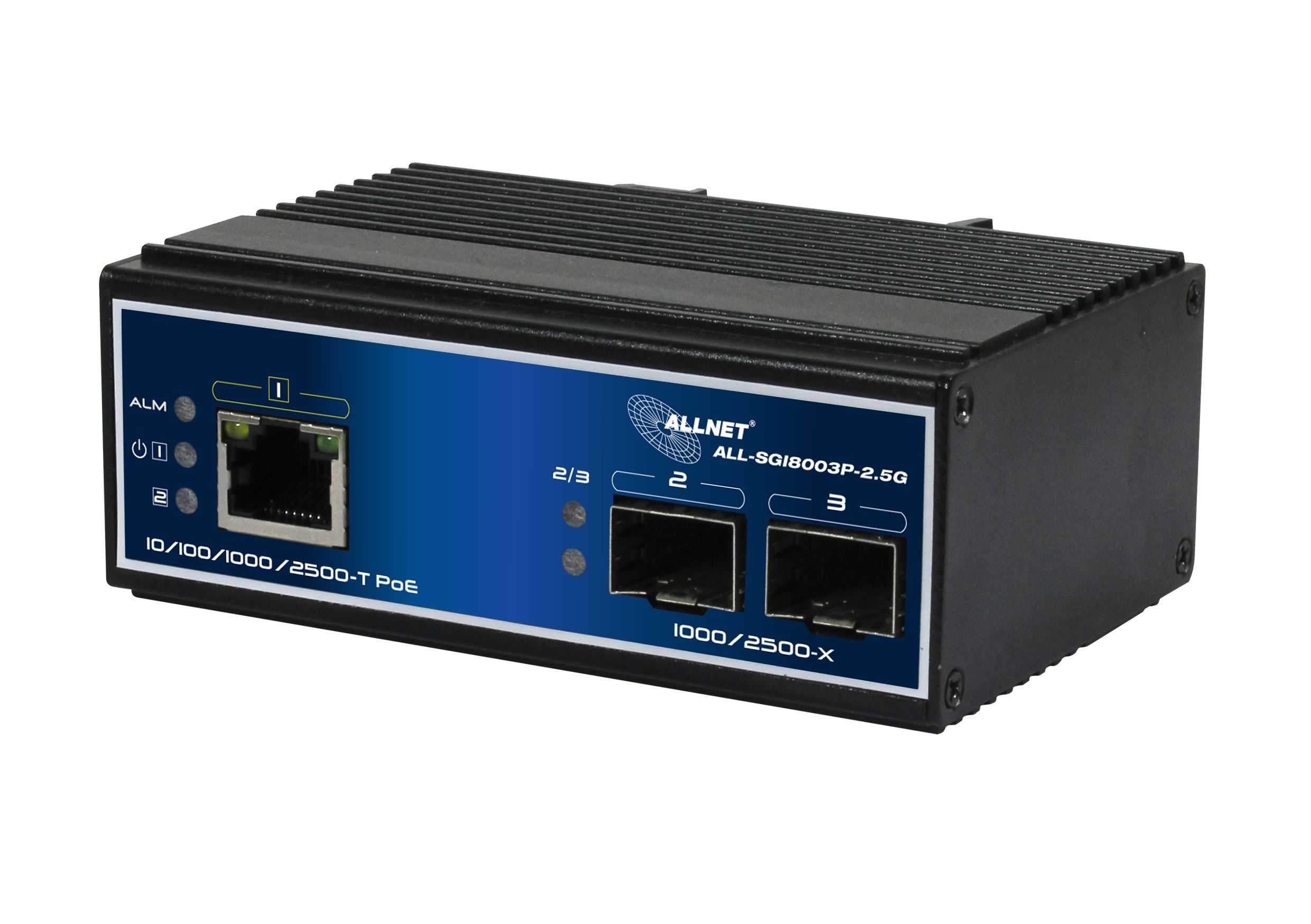 ALLNET Switch industrial unmanaged Layer2  3 Port 2.5 GbE &bull; PoE Budget 90W &bull; 1x PoE bt &bull; 2x SFP 1G/2.5G &bull; Lüfterlos &bull; DIN &bull; IP40 &bull; ALL-SGI8003P-2.5G