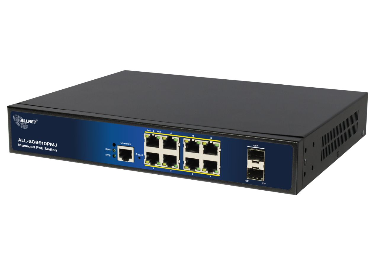 ALLNET Switch full managed Layer2+ 10 Port &bull; 8x GbE &bull; PoE Budget 130W &bull; 8x PoE at &bull; 2x SFP &bull; 19" &bull; Lüfterlos &bull; JSON API &bull; ALL-SG8610PMJ