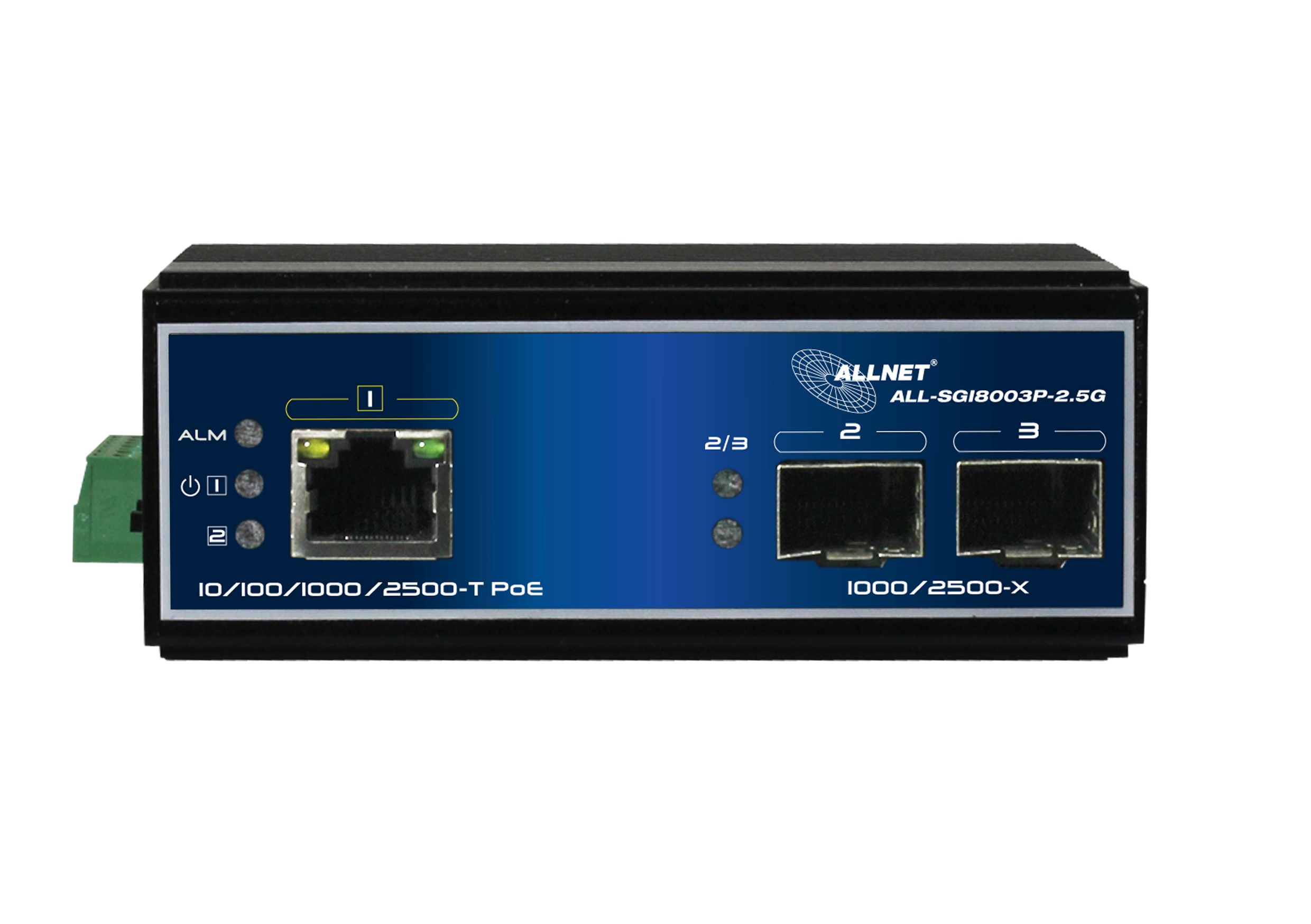 ALLNET Switch industrial unmanaged Layer2  3 Port 2.5 GbE &bull; PoE Budget 90W &bull; 1x PoE bt &bull; 2x SFP 1G/2.5G &bull; Lüfterlos &bull; DIN &bull; IP40 &bull; ALL-SGI8003P-2.5G