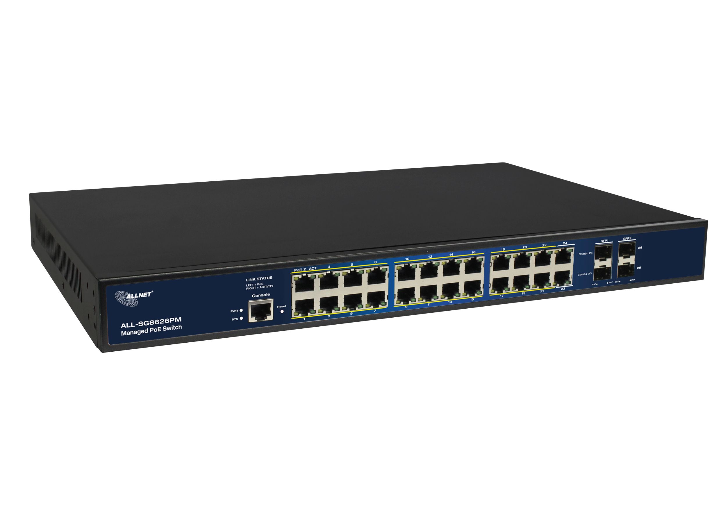 ALLNET Switch full managed 24 Port Gigabit 390W / 24x PoE+ / 4x SFP / Lüfterlos / 19" / "ALL-SG8626PM"