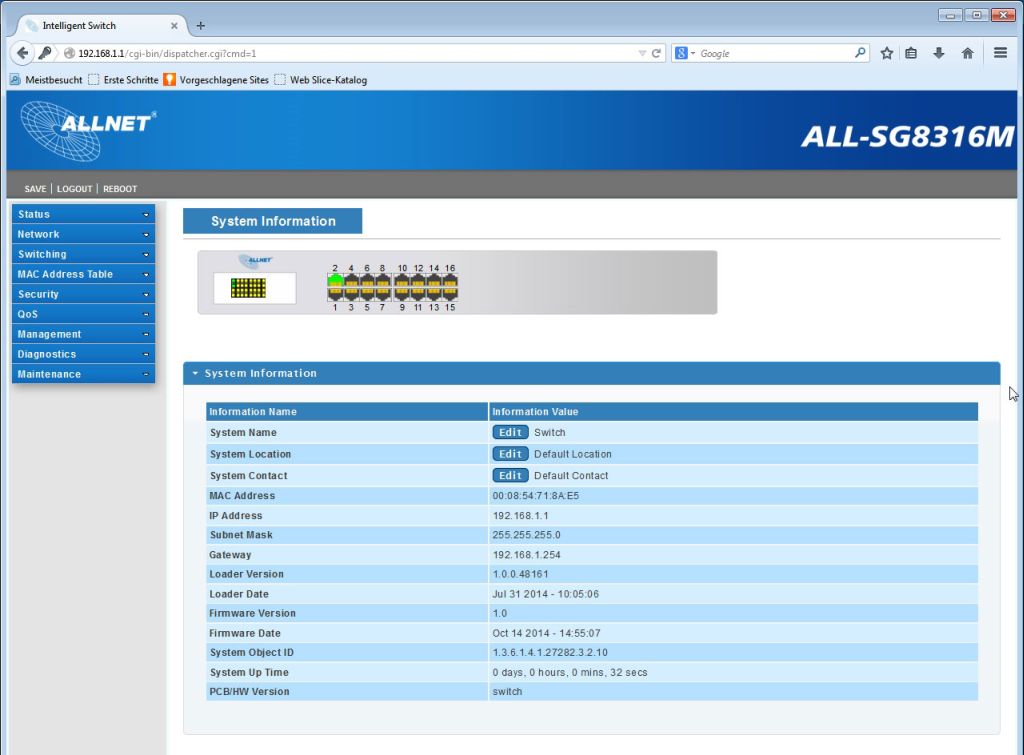 ALLNET Switch smart managed 16 Port Gigabit / 16x LAN / Lüfterlos / 19" & 10"/ "ALL-SG8316M"