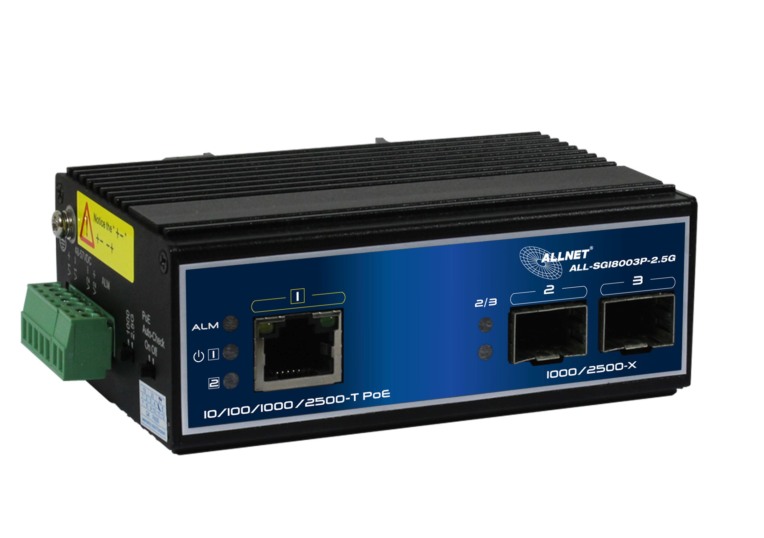 ALLNET Switch industrial unmanaged Layer2  3 Port 2.5 GbE &bull; PoE Budget 90W &bull; 1x PoE bt &bull; 2x SFP 1G/2.5G &bull; Lüfterlos &bull; DIN &bull; IP40 &bull; ALL-SGI8003P-2.5G