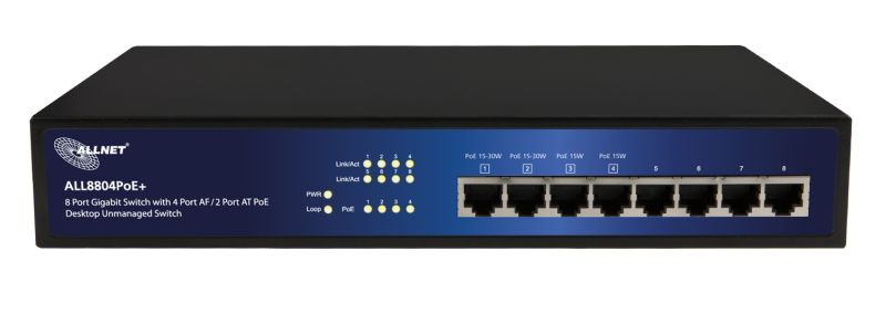 ALLNET Switch unmanaged 8 Port Gigabit 63W / 4x PoE+ / 4x LAN / Lüfterlos /19" / "ALL8804PoE+"