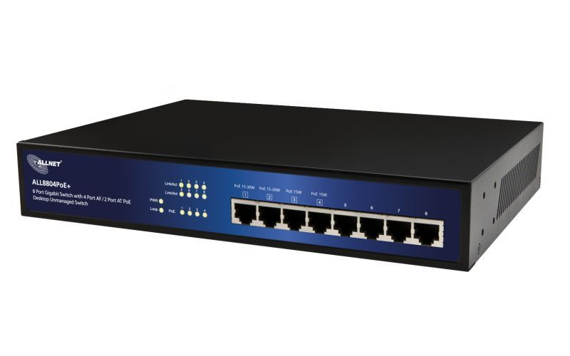 ALLNET Switch unmanaged 8 Port Gigabit 63W / 4x PoE+ / 4x LAN / Lüfterlos /19" / "ALL8804PoE+"