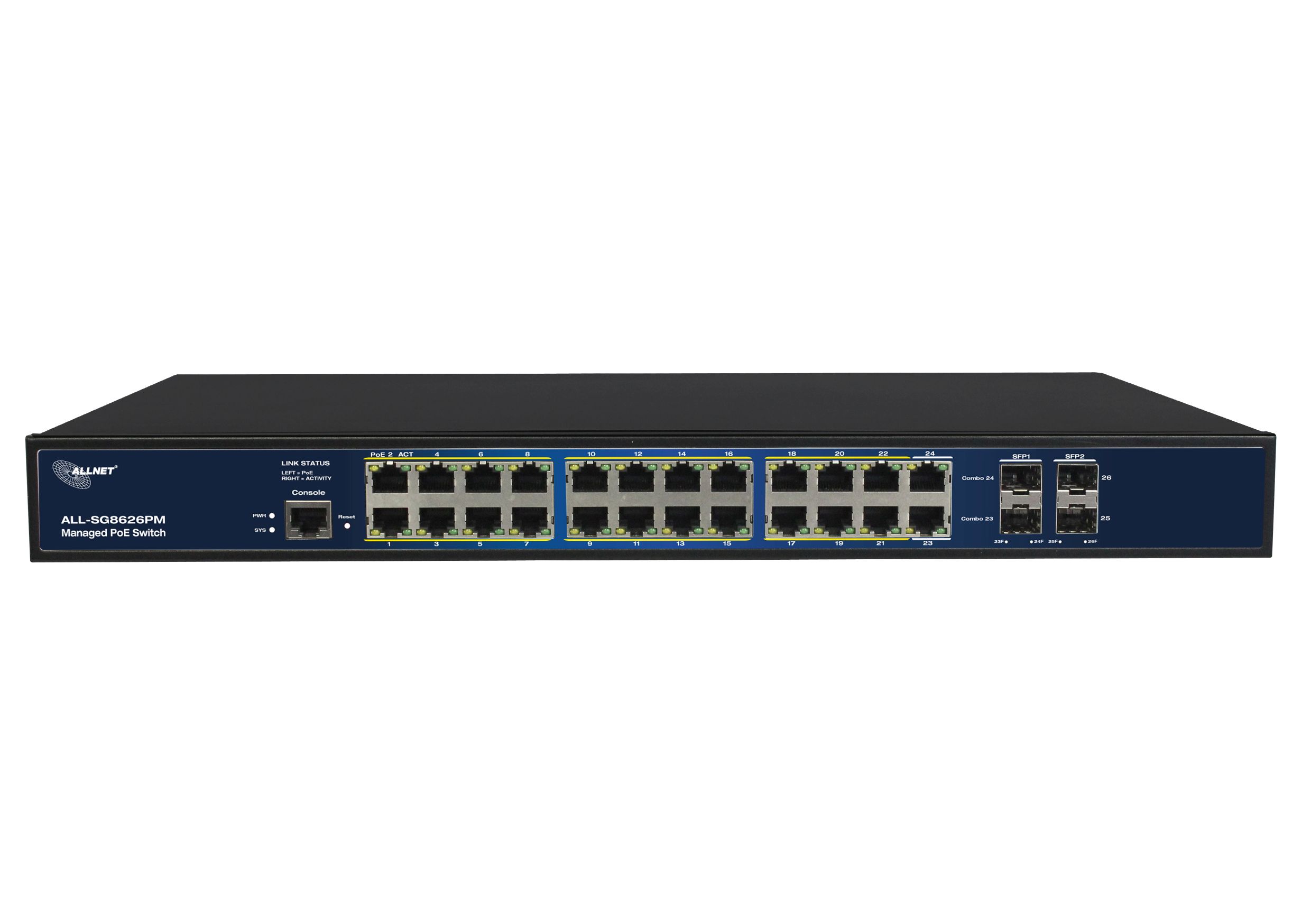 ALLNET Switch full managed 24 Port Gigabit 390W / 24x PoE+ / 4x SFP / Lüfterlos / 19" / "ALL-SG8626PM"